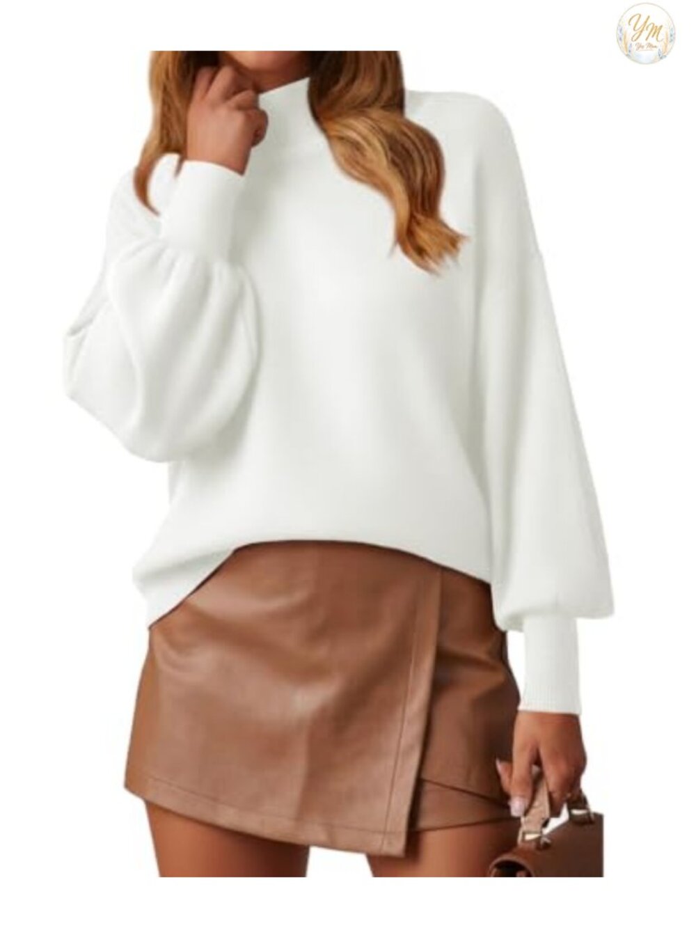 Mock Neck Lantern Sleeve Knit Pullover Sweater Lightweight